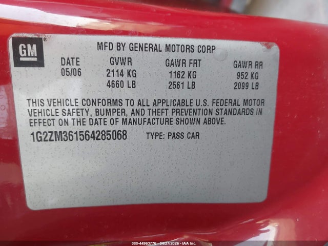 Продажа на аукционе авто 2006 Pontiac G6 Gtp, vin: 1G2ZM361564285068, номер лота: 44963776