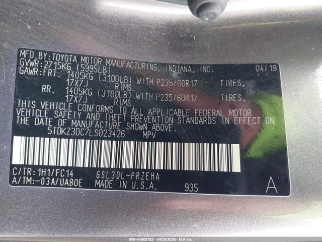 44963782 :رقم المزاد ، 5TDKZ3DC7LS023426 vin ، 2020 Toyota Sienna Le مزاد بيع