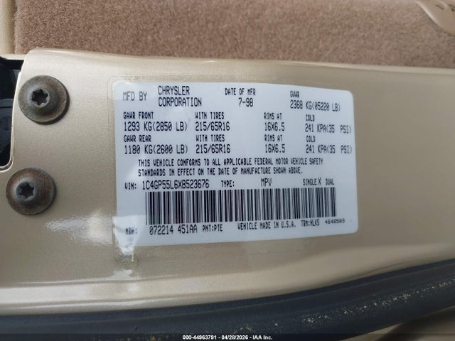 Aukcja sprzedaży 1999 Chrysler Town & Country Sx, vin: 1C4GP55L6XB523676, numer aukcji: 44963791