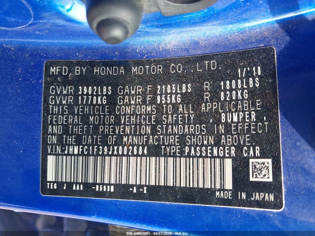 44963801 :رقم المزاد ، JHMFC1F39JX002684 vin ، 2018 Honda Civic Ex-t مزاد بيع