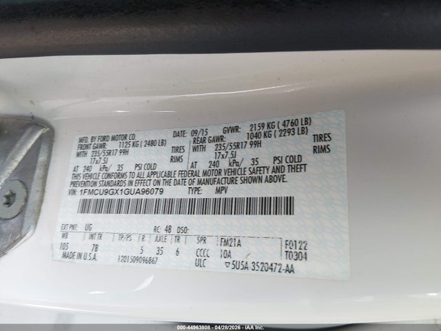 Продаж на аукціоні авто 2016 Ford Escape Se, vin: 1FMCU9GX1GUA96079, номер лоту: 44963808