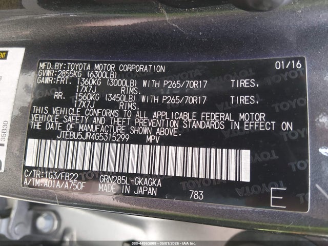 Toyota 4RUNNER SR5 2016 JTEBU5JR4G5315299 Image 9