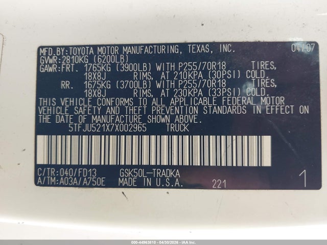 44963810 :رقم المزاد ، 5TFJU521X7X002965 vin ، 2007 Toyota Tundra Base V6 مزاد بيع