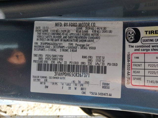 Aukcja sprzedaży 2012 Ford Fusion Se, vin: 3FAHP0HG5CR267371, numer aukcji: 44963818