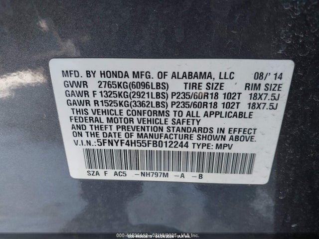 Honda Pilot Ex-l 2015 5FNYF4H55FB012244 Image 9