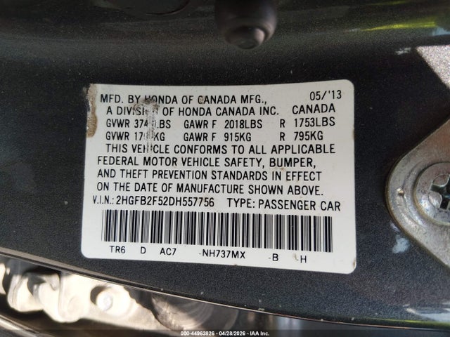 44963826 :رقم المزاد ، 2HGFB2F52DH557756 vin ، 2013 Honda Civic Lx مزاد بيع