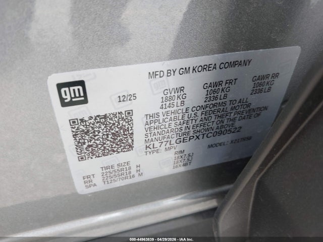 Aukcja sprzedaży 2026 Chevrolet Trax Fwd 1rs, vin: KL77LGEPXTC090522, numer aukcji: 44963839
