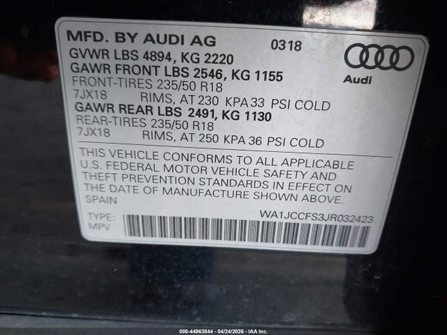 2018 Audi Q3 2.0t Premium მანქანა იყიდება აუქციონზე, vin: WA1JCCFS3JR032423, აუქციონის ნომერი: 44963844