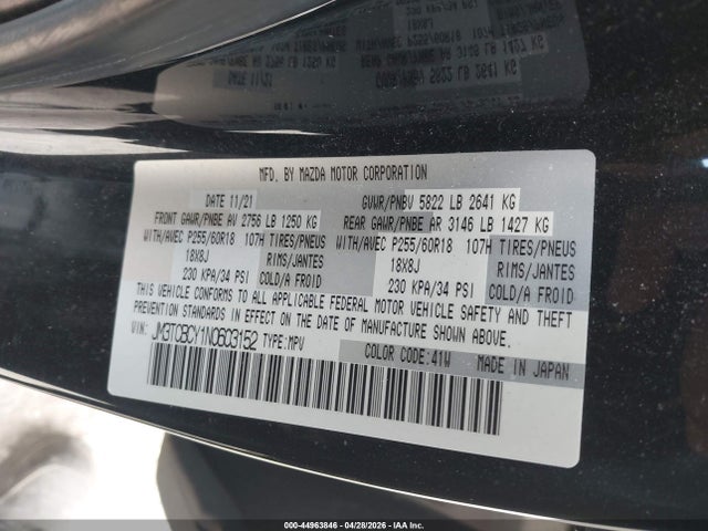 44963846 :رقم المزاد ، JM3TCBCY1N0603152 vin ، 2022 Mazda Cx-9 Touring مزاد بيع