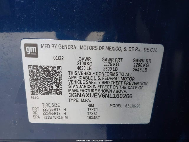 Aukcja sprzedaży 2022 Chevrolet Equinox Awd Lt, vin: 3GNAXUEV6NL160266, numer aukcji: 44963861