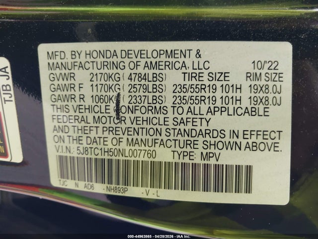 2022 Acura Rdx Technology Package მანქანა იყიდება აუქციონზე, vin: 5J8TC1H50NL007760, აუქციონის ნომერი: 44963865