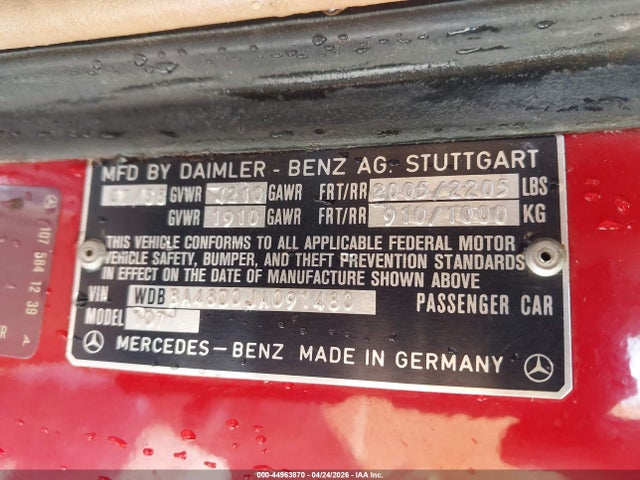 Продаж на аукціоні авто 1988 Mercedes-benz 560 Sl, vin: WDBBA48D0JA091480, номер лоту: 44963870