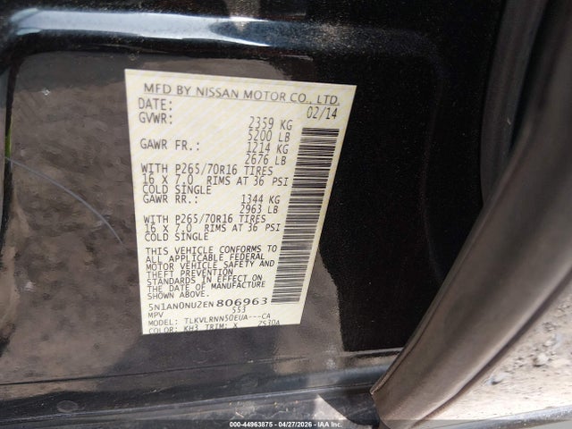 Aukcja sprzedaży 2014 Nissan Xterra S/x, vin: 5N1AN0NU2EN806963, numer aukcji: 44963875