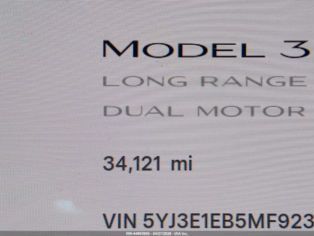 Продажа на аукционе авто 2021 Tesla Model 3 Long Range Dual Motor All-wheel Drive, vin: 5YJ3E1EB5MF923743, номер лота: 44963888