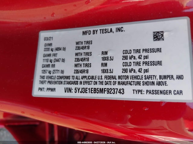 Продаж на аукціоні авто 2021 Tesla Model 3 Long Range Dual Motor All-wheel Drive, vin: 5YJ3E1EB5MF923743, номер лоту: 44963888