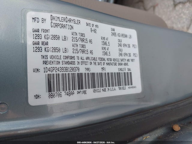 Продажа на аукционе авто 2003 Dodge Grand Caravan Se, vin: 1D4GP24393B120370, номер лота: 44963906