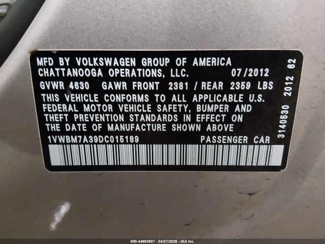 2013 Volkswagen Passat 3.6l V6 Se მანქანა იყიდება აუქციონზე, vin: 1VWBM7A39DC015189, აუქციონის ნომერი: 44963907