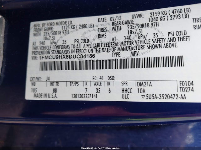 Продажа на аукционе авто 2013 Ford Escape Sel, vin: 1FMCU9HX8DUC84186, номер лота: 44963914