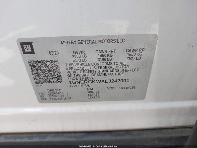 Aukcja sprzedaży 2020 Chevrolet Traverse Fwd Lt Cloth, vin: 1GNERGKWXLJ242001, numer aukcji: 44963918