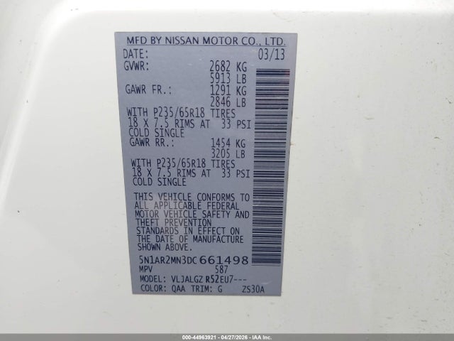2013 Nissan Pathfinder Sl მანქანა იყიდება აუქციონზე, vin: 5N1AR2MN3DC661498, აუქციონის ნომერი: 44963921