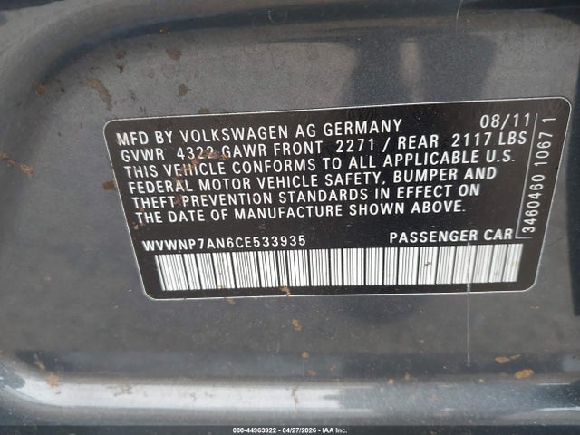 Продаж на аукціоні авто 2012 Volkswagen Cc Sport, vin: WVWNP7AN6CE533935, номер лоту: 44963922