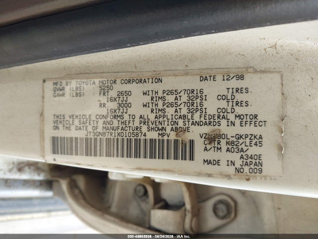 Aukcja sprzedaży 1999 Toyota 4runner Limited V6, vin: JT3GN87R1X0105874, numer aukcji: 44963926