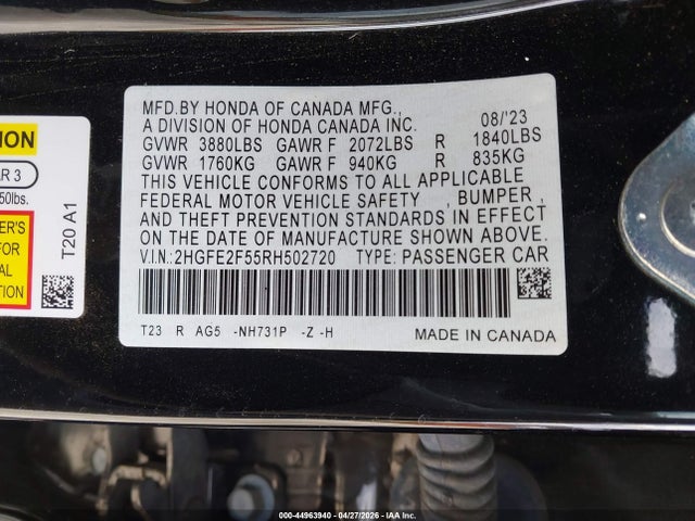 Продаж на аукціоні авто 2024 Honda Civic Sport, vin: 2HGFE2F55RH502720, номер лоту: 44963940