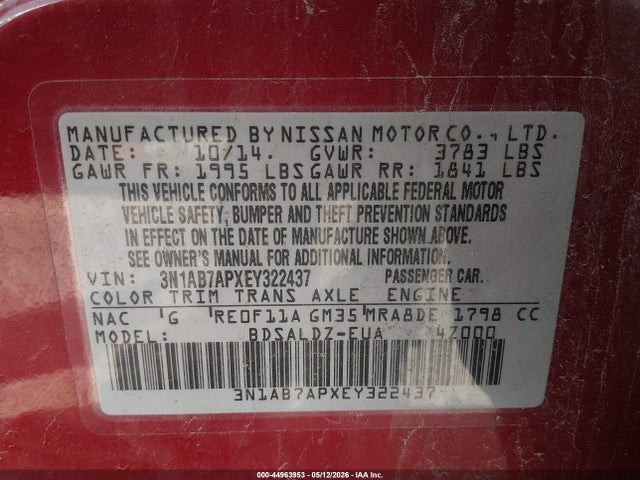 2014 Nissan Sentra Sv მანქანა იყიდება აუქციონზე, vin: 3N1AB7APXEY322437, აუქციონის ნომერი: 44963953