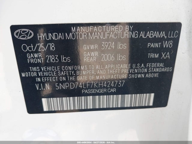 Продаж на аукціоні авто 2019 Hyundai Elantra Se, vin: 5NPD74LF7KH424737, номер лоту: 44963954