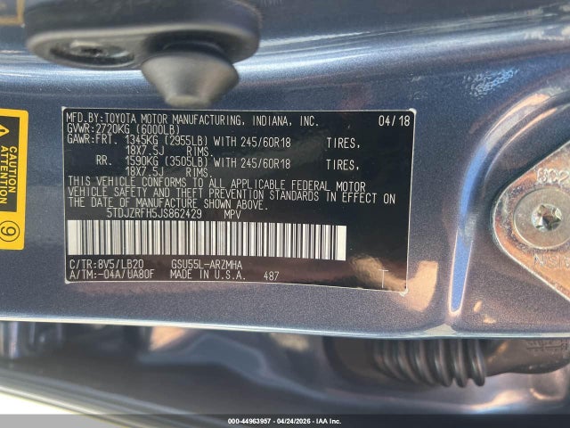 2018 Toyota Highlander Xle მანქანა იყიდება აუქციონზე, vin: 5TDJZRFH5JS862429, აუქციონის ნომერი: 44963957