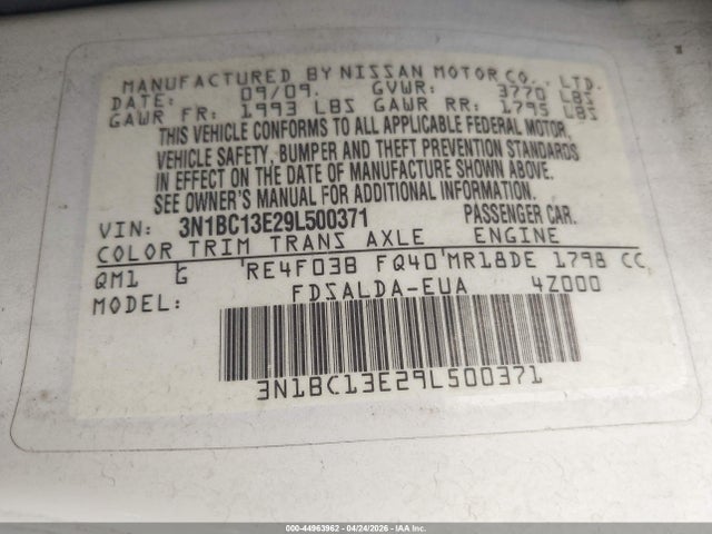 44963962 :رقم المزاد ، 3N1BC13E29L500371 vin ، 2009 Nissan Versa 1.8s مزاد بيع