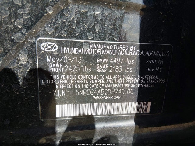 2013 Hyundai Sonata Se 2.0t მანქანა იყიდება აუქციონზე, vin: 5NPEC4AB2DH740100, აუქციონის ნომერი: 44963976