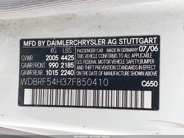 Продаж на аукціоні авто 2007 Mercedes-benz C 280 Luxury, vin: WDBRF54H37F850410, номер лоту: 44963983