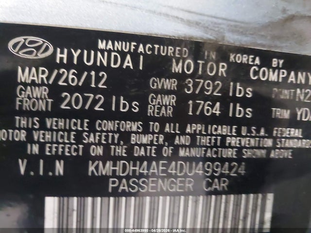 2013 Hyundai Elantra Gls/limited მანქანა იყიდება აუქციონზე, vin: KMHDH4AE4DU499424, აუქციონის ნომერი: 44963990