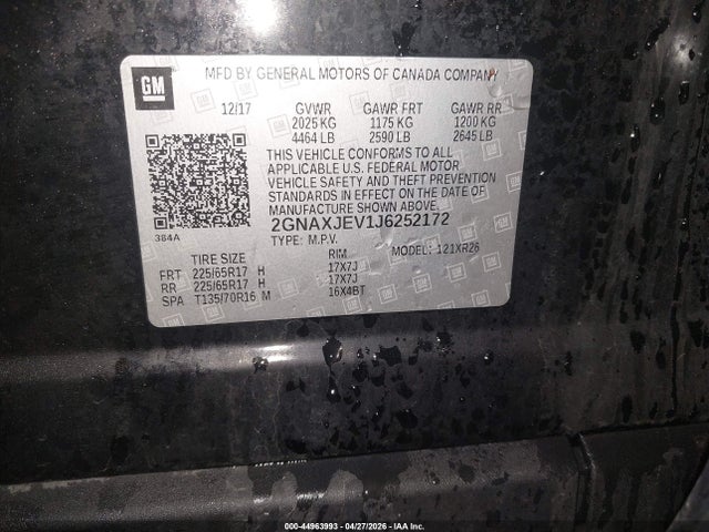 Продаж на аукціоні авто 2018 Chevrolet Equinox Lt, vin: 2GNAXJEV1J6252172, номер лоту: 44963993