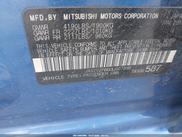 Aukcja sprzedaży 2016 Mitsubishi Lancer Se, vin: JA32V2FW0GU007890, numer aukcji: 44963998