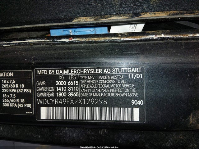 44963999 :رقم المزاد ، WDCYR49EX2X129298 vin ، 2002 Mercedes-benz G 500 مزاد بيع