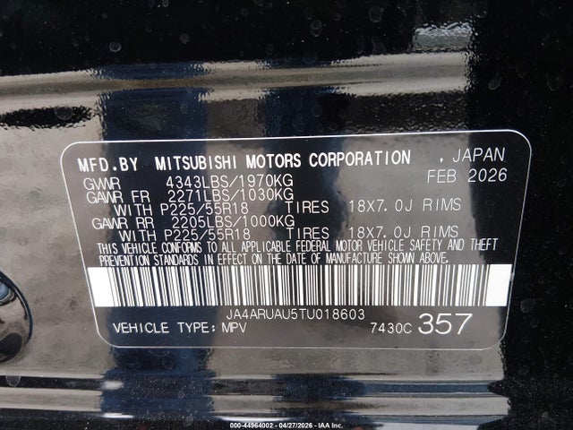 JA4ARUAU5TU018603 Mitsubishi Outlander Sport 2.0 Es/2.0 Le/2.0 Ralliart/2.0 S/2.0 Se/2.0 Trail Edition
