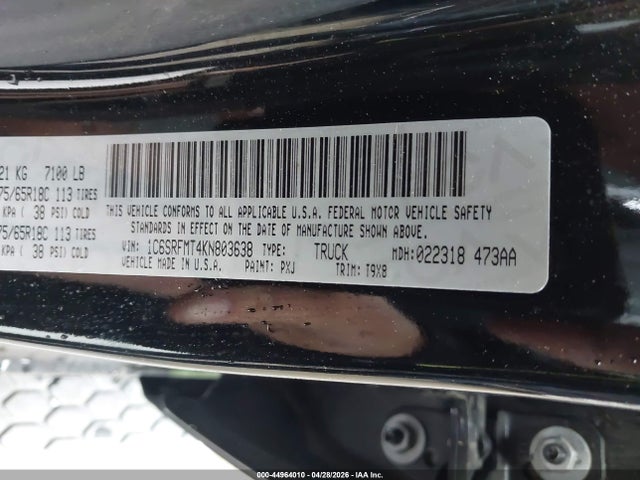 Продаж на аукціоні авто 2019 Ram 1500 Big Horn/lone Star  4x4 6'4 Box, vin: 1C6SRFMT4KN803638, номер лоту: 44964010