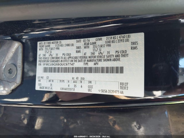 Продаж на аукціоні авто 2016 Ford Escape Se, vin: 1FMCU9GX6GUC67747, номер лоту: 44964011