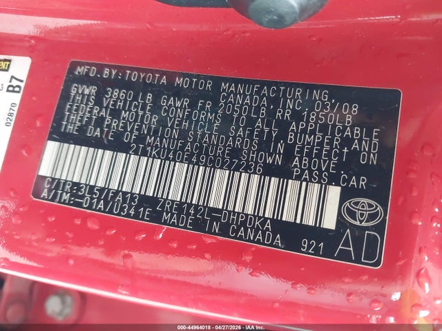 44964018 :رقم المزاد ، 2T1KU40E49C027236 vin ، 2009 Toyota Matrix مزاد بيع