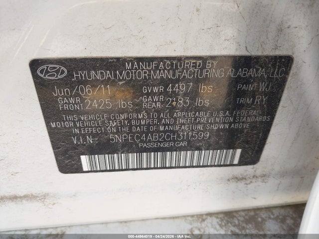 2012 Hyundai Sonata Se 2.0t მანქანა იყიდება აუქციონზე, vin: 5NPEC4AB2CH311599, აუქციონის ნომერი: 44964019