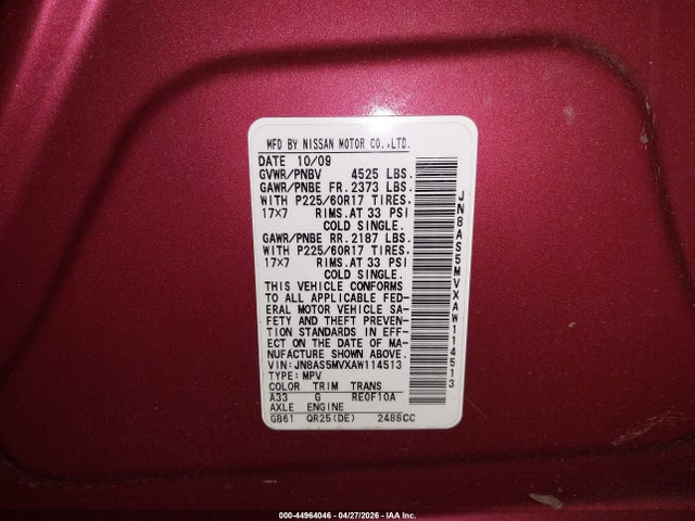 44964046 :رقم المزاد ، JN8AS5MVXAW114513 vin ، 2010 Nissan Rogue Sl مزاد بيع