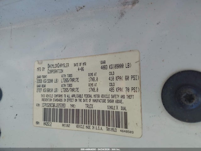 Продаж на аукціоні авто 2006 Dodge Ram 2500 Slt/trx4 Off Road/sport/power Wagon, vin: 1D7KS28C96J225393, номер лоту: 44964050