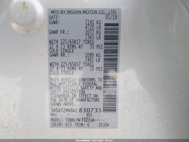 2019 Nissan Rogue S მანქანა იყიდება აუქციონზე, vin: 5N1AT2MV6KC830735, აუქციონის ნომერი: 44964056
