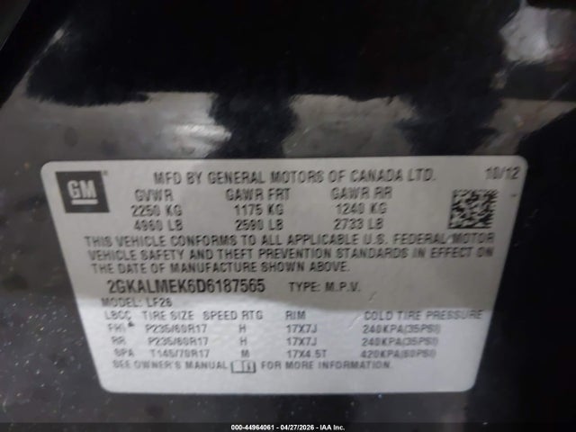2013 Gmc Terrain Sle-1 მანქანა იყიდება აუქციონზე, vin: 2GKALMEK6D6187565, აუქციონის ნომერი: 44964061