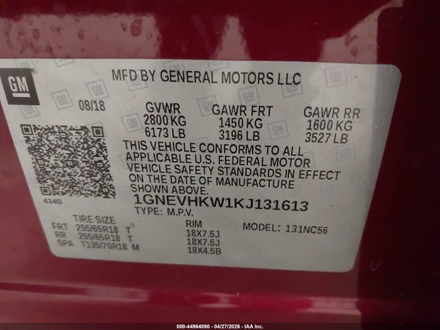 Продаж на аукціоні авто 2019 Chevrolet Traverse 3lt, vin: 1GNEVHKW1KJ131613, номер лоту: 44964090