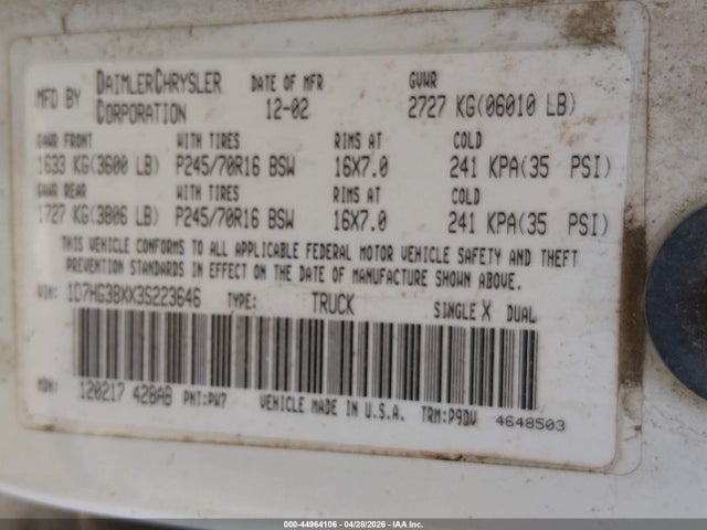 Aukcja sprzedaży 2003 Dodge Dakota Sport/sxt, vin: 1D7HG38XX3S223646, numer aukcji: 44964106