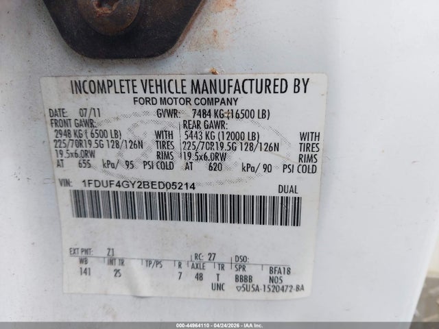 2011 Ford F-450 Chassis Xl მანქანა იყიდება აუქციონზე, vin: 1FDUF4GY2BED05214, აუქციონის ნომერი: 44964110