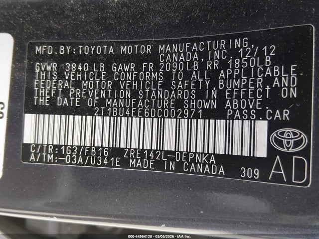Aukcja sprzedaży 2013 Toyota Corolla Le, vin: 2T1BU4EE6DC002971, numer aukcji: 44964128